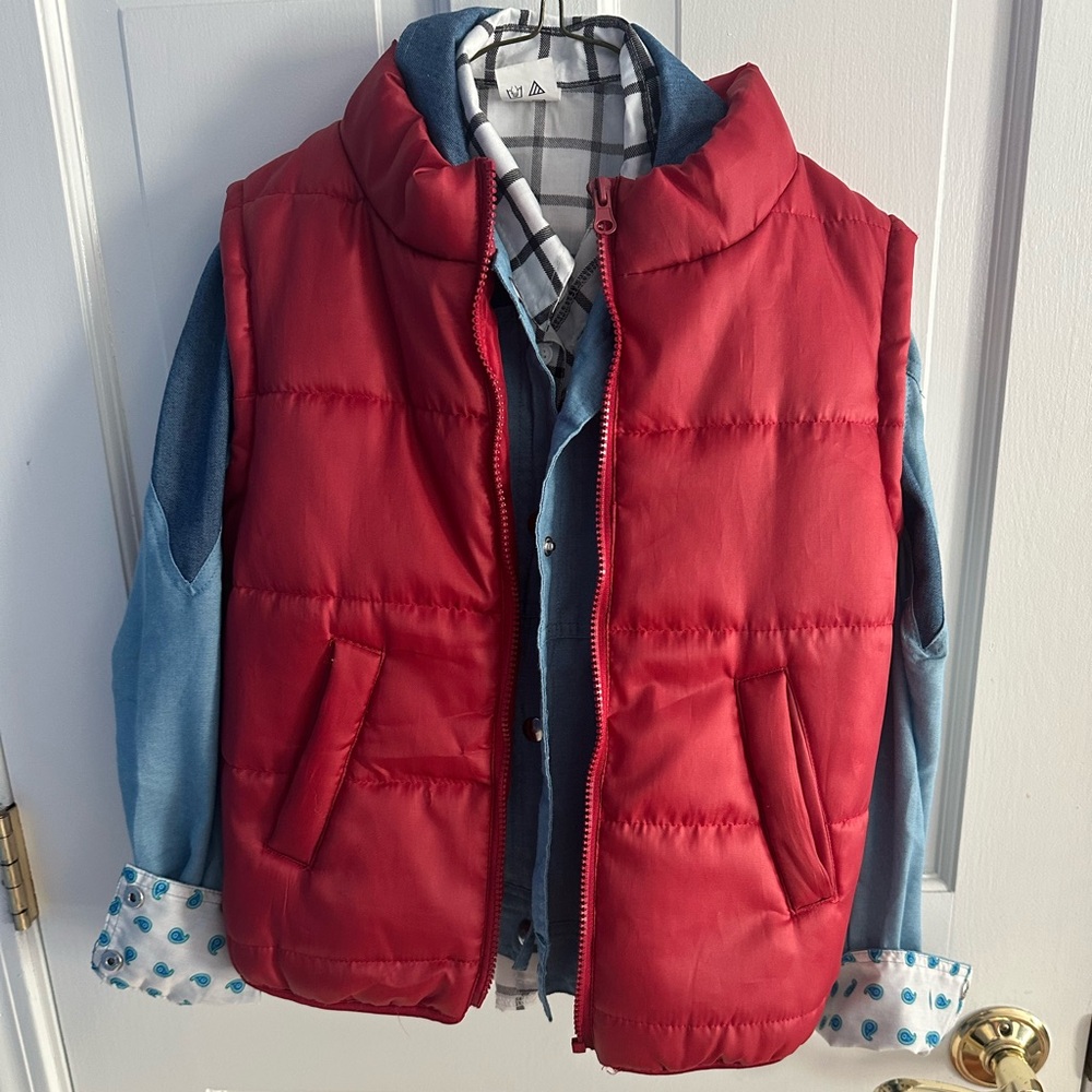Halloween Back to the Future Blue Denim Jacket with Striped Shirt and Red Vest